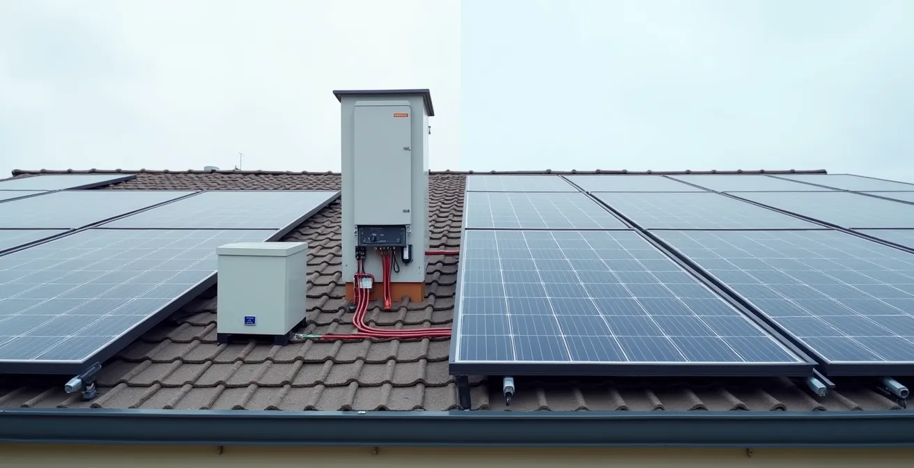 Split view comparison of string inverter setup versus micro-inverter installation on residential roof
