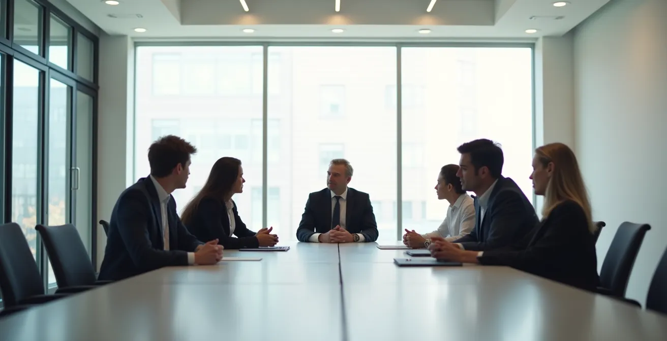 Wide shot of a modern meeting room with a leader practicing subtle mindfulness techniques