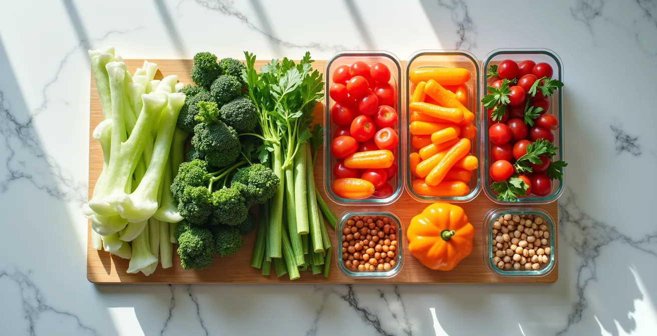 Overhead view of an organized meal prep station with glass containers, fresh vegetables, and a compost caddy.