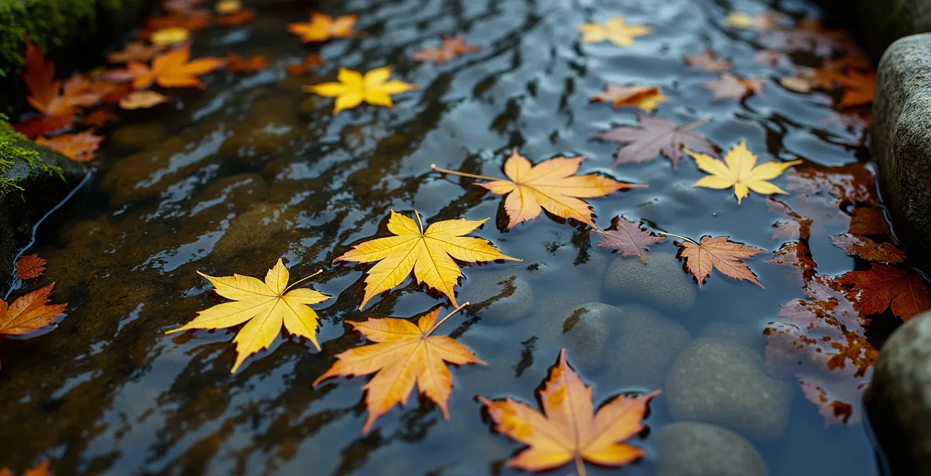 Abstract visualization of thoughts flowing past like leaves on a stream