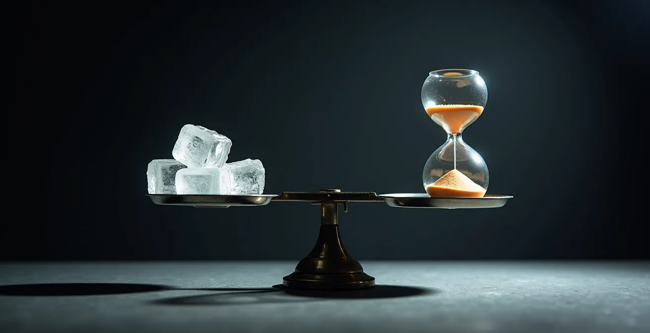 A balance scale with ice cubes on one side and an hourglass on the other, symbolizing the energy trade-off between temperature and time.