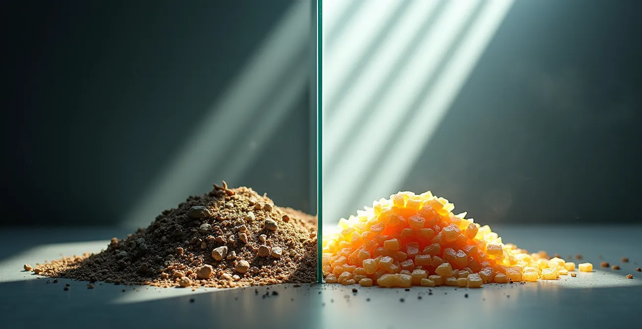 Visual documentation of waste transformation process with clear data visualization, showing raw waste transforming into a refined product through a glass partition.