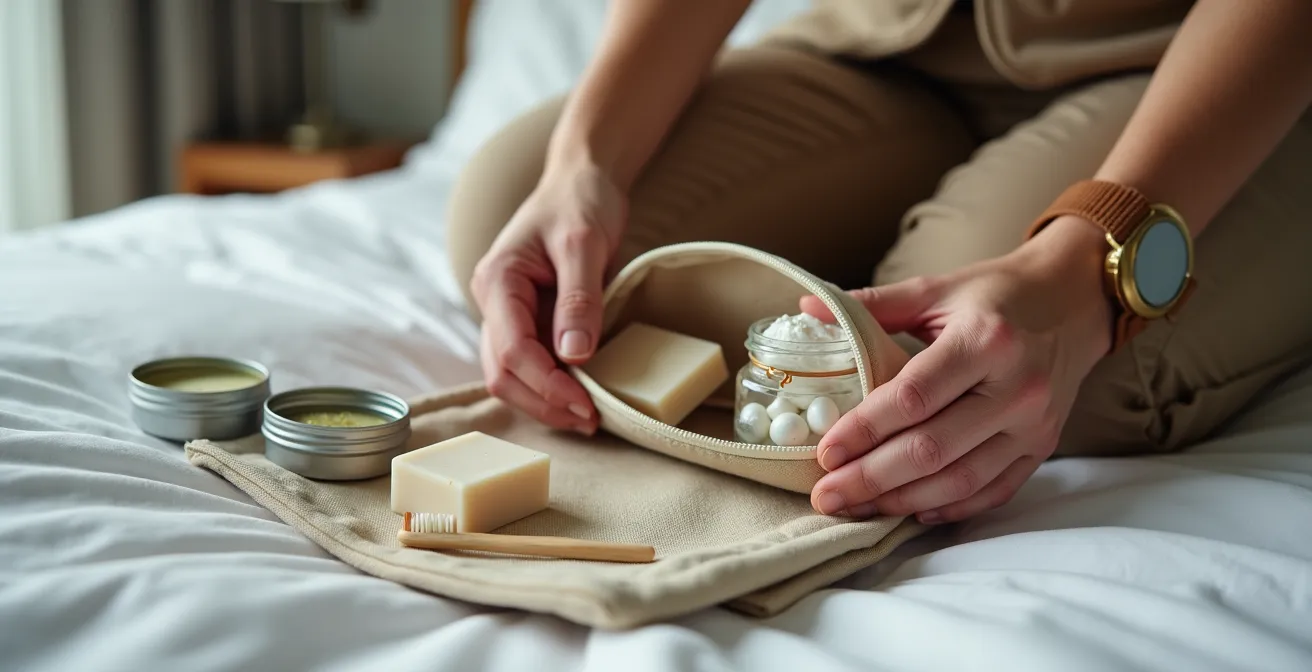 Compact travel kit with solid toiletry products arranged in carry-on bag
