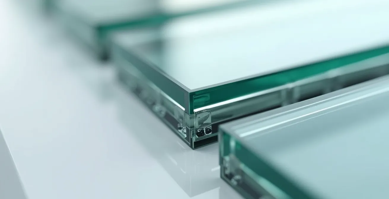 Close-up view of triple-glazed window cross-section showing insulation layers