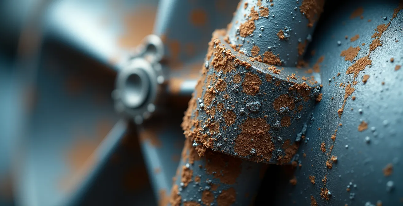 Extreme close-up of turbine component showing salt crystal formation and protective coating