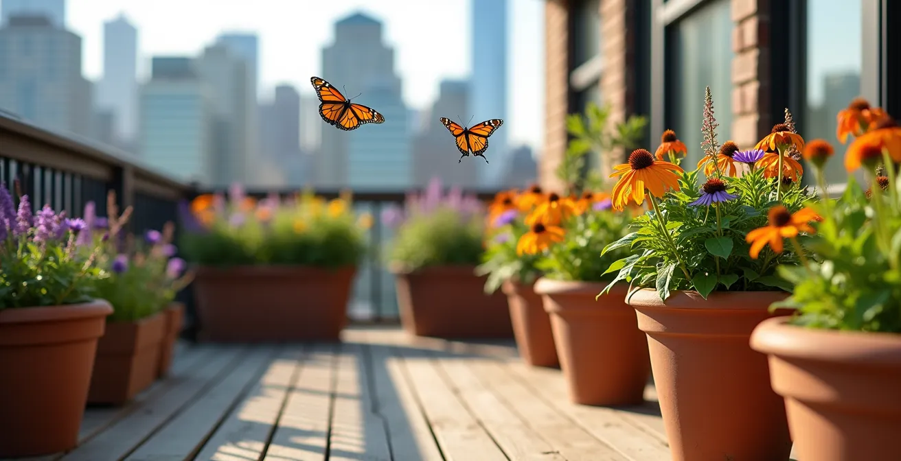 Wide angle view of a city apartment balcony transformed into a monarch butterfly habitat with native plants in containers