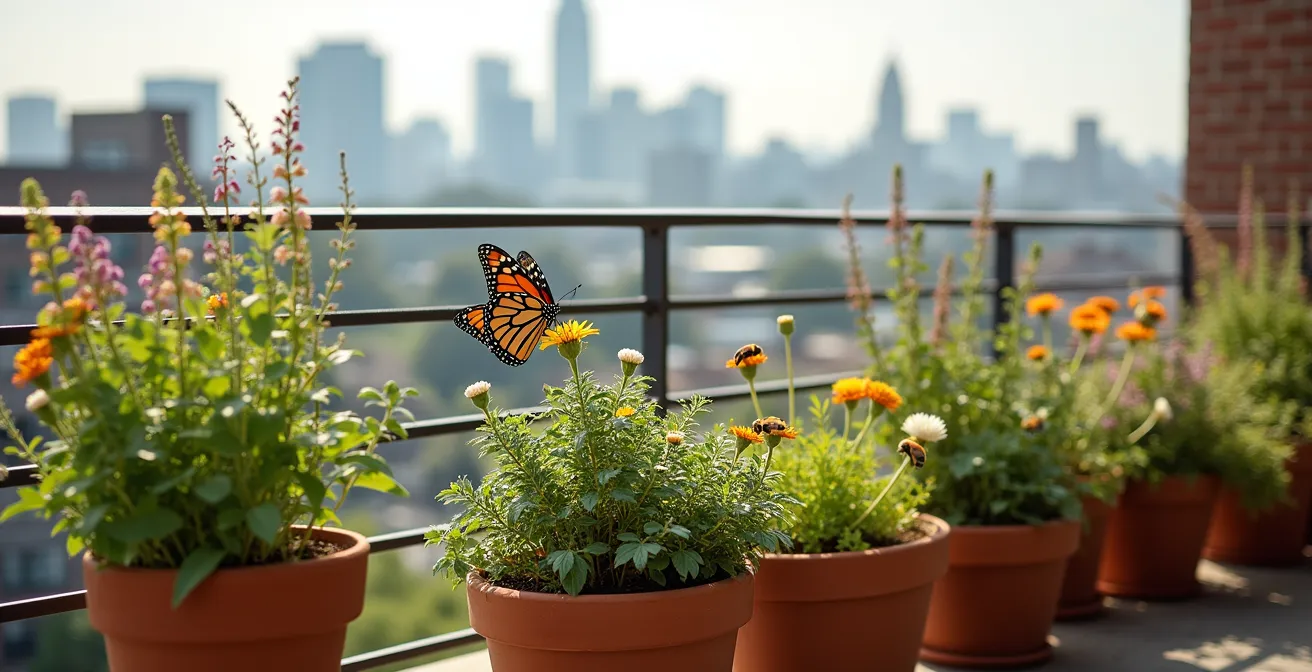 City balcony with native plants creating a micro-ecosystem for pollinators