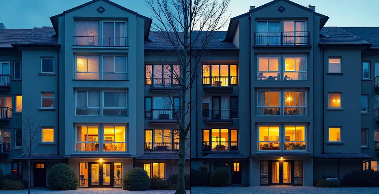 Before and after thermal imaging of urban property showing energy improvements