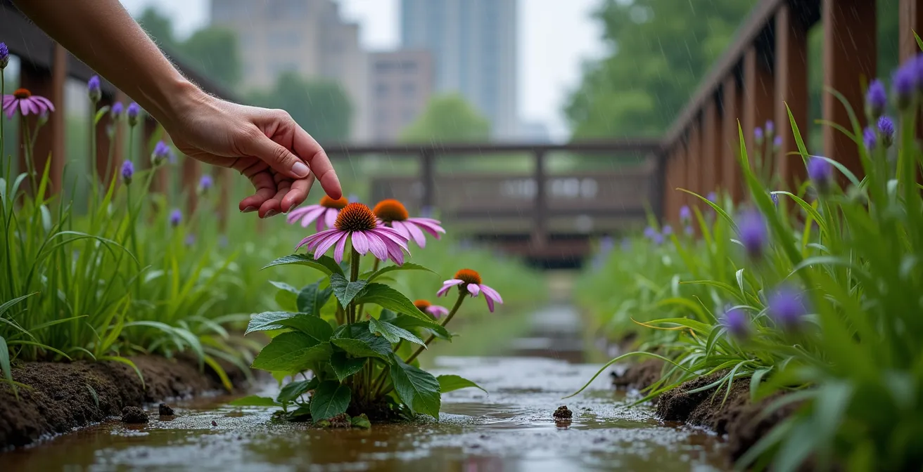 Rain garden with native plants filtering stormwater in urban setting
