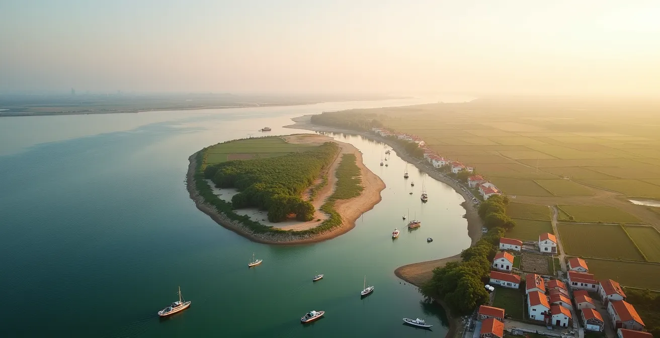 Aerial view of lesser-known Venetian lagoon islands at sunrise