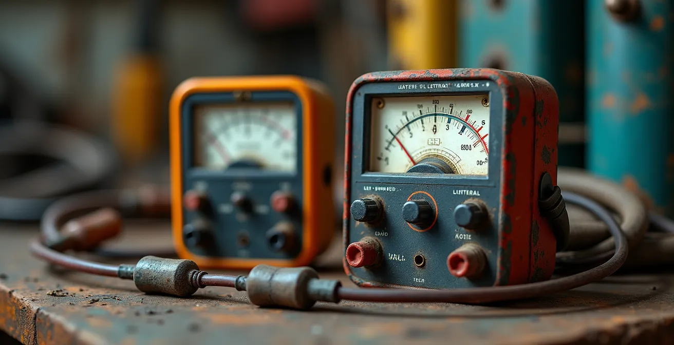 Close-up of an electrical measurement device showing the power consumption of an old appliance cord.