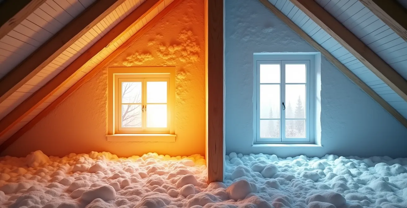 Split view of a house cross-section showing heat flow patterns through windows versus attic space