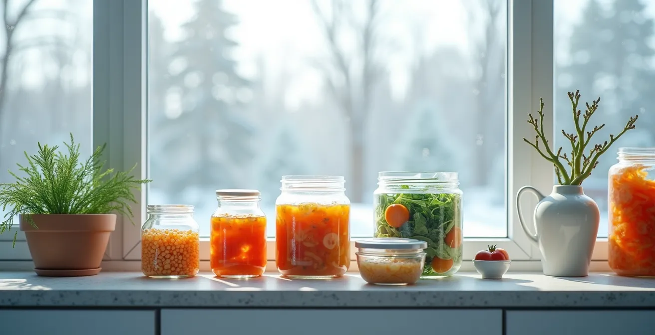 Frozen organic vegetables and fermented foods arranged on a winter kitchen counter