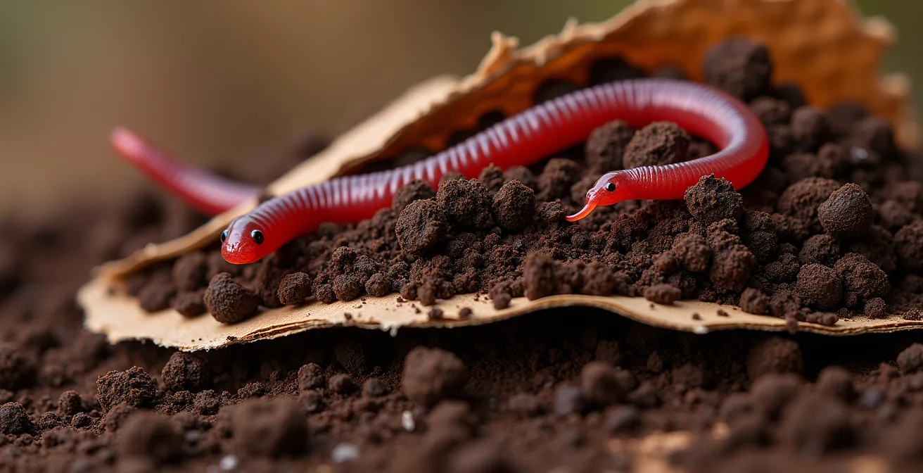 Macro shot of composting materials showing texture contrast between torn cardboard and fresh coffee grounds with worms.